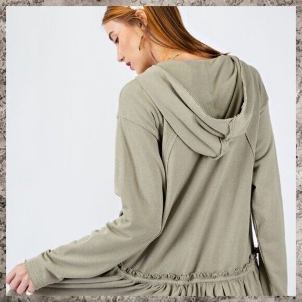 EASEL Lux Cotton Zip Front Hoodie Drawstring Waist Ruffled Trim Raw Seams SOFT! - Picture 3 of 10